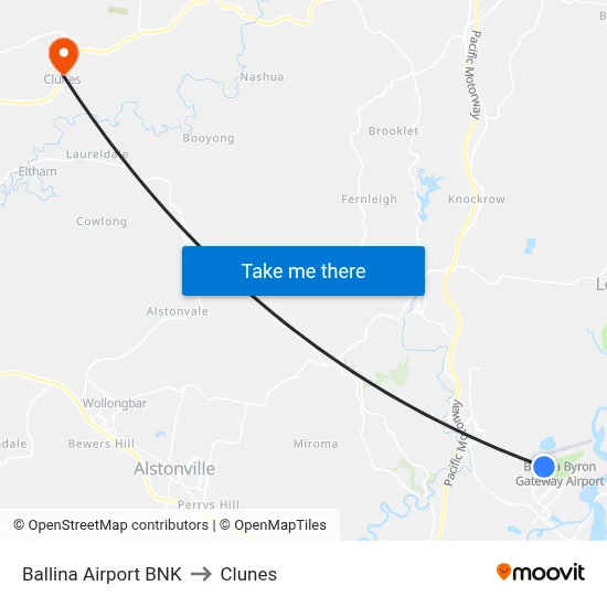 Ballina Airport BNK to Clunes map