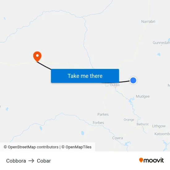 Cobbora to Cobar map