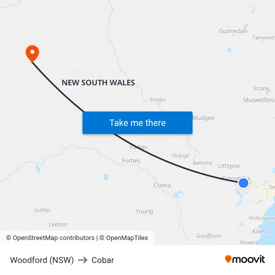Woodford (NSW) to Cobar map