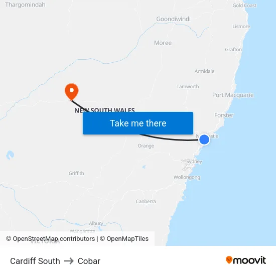 Cardiff South to Cobar map