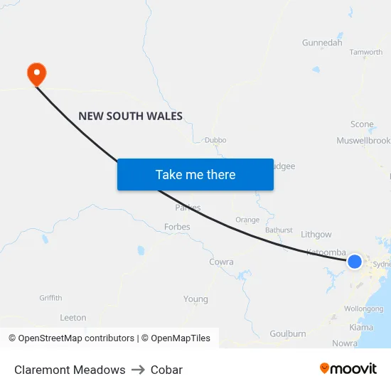 Claremont Meadows to Cobar map