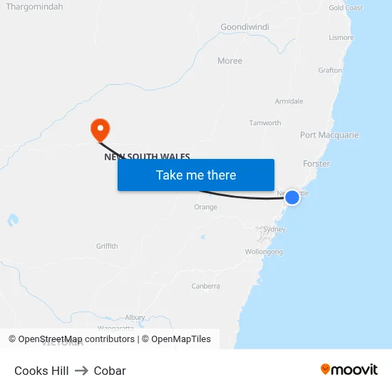 Cooks Hill to Cobar map