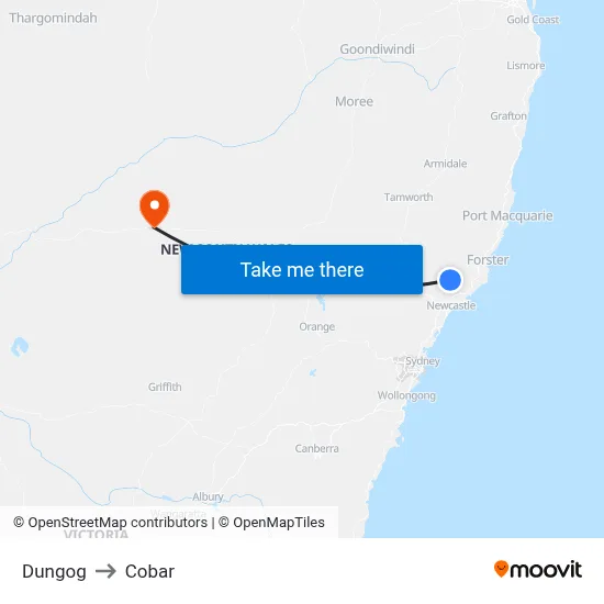 Dungog to Cobar map