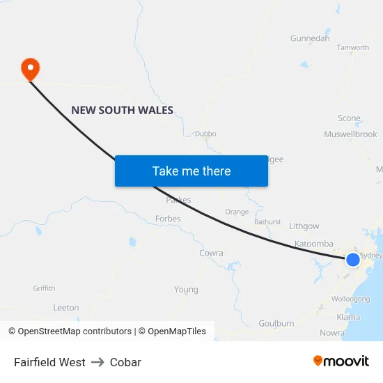 Fairfield West to Cobar map