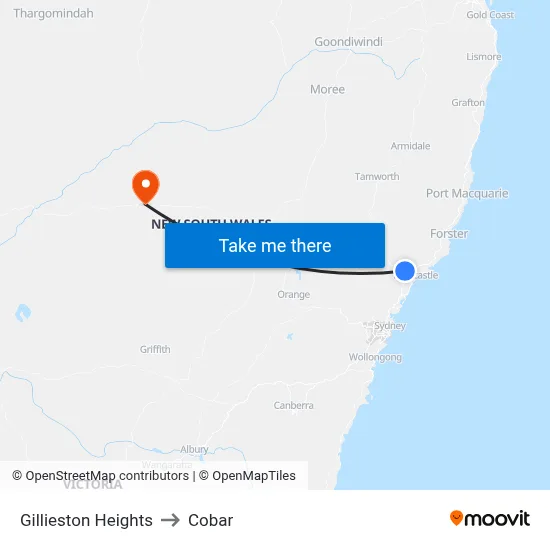 Gillieston Heights to Cobar map