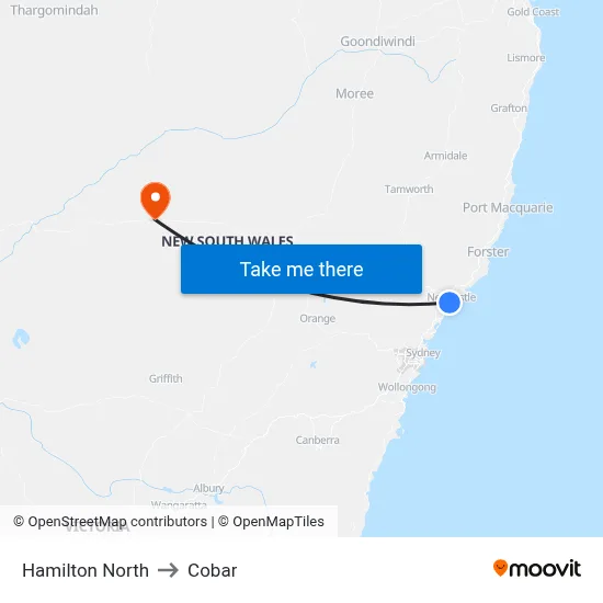 Hamilton North to Cobar map