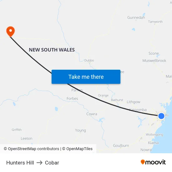Hunters Hill to Cobar map