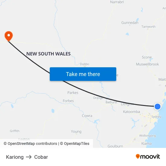 Kariong to Cobar map