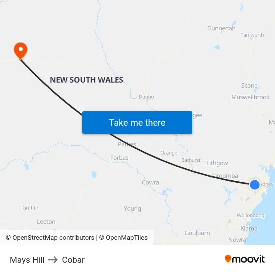 Mays Hill to Cobar map