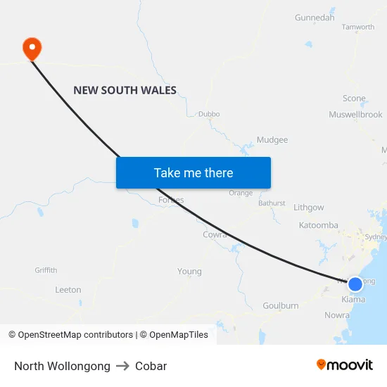 North Wollongong to Cobar map