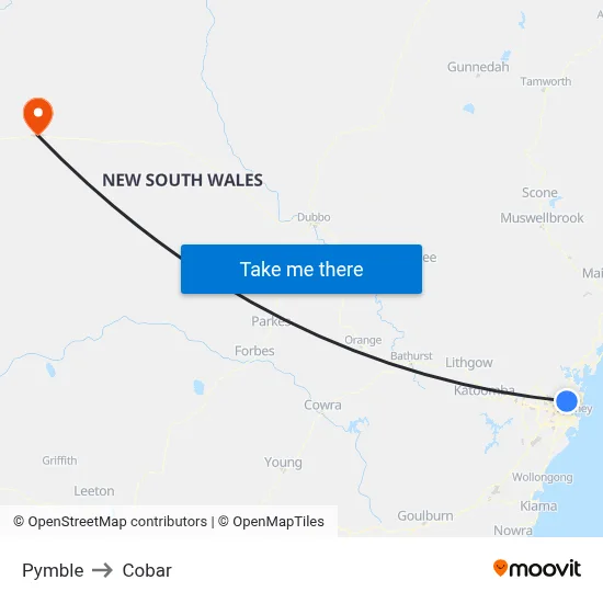 Pymble to Cobar map