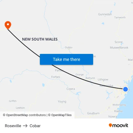 Roseville to Cobar map