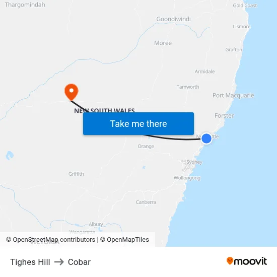 Tighes Hill to Cobar map