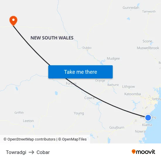 Towradgi to Cobar map
