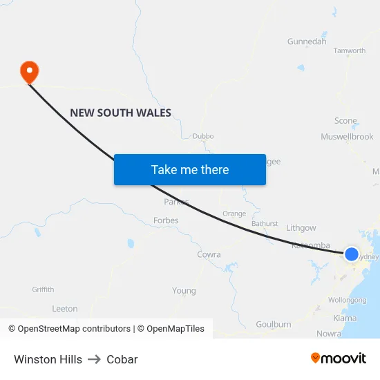 Winston Hills to Cobar map