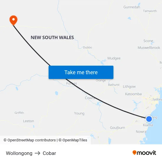 Wollongong to Cobar map