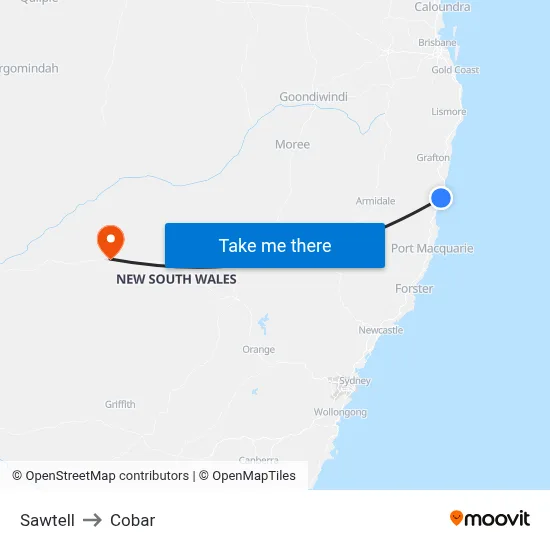 Sawtell to Cobar map