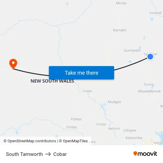 South Tamworth to Cobar map