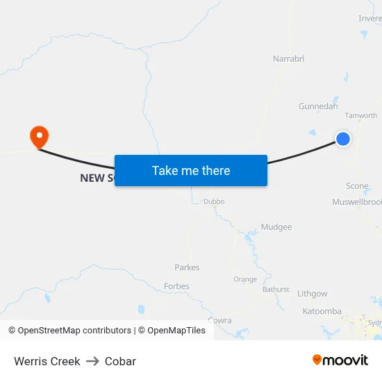 Werris Creek to Cobar map