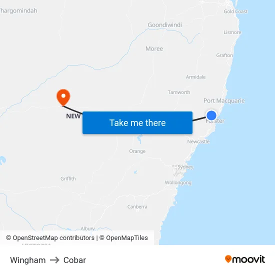 Wingham to Cobar map