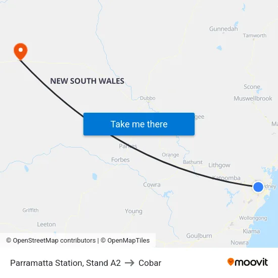 Parramatta Station, Stand A2 to Cobar map