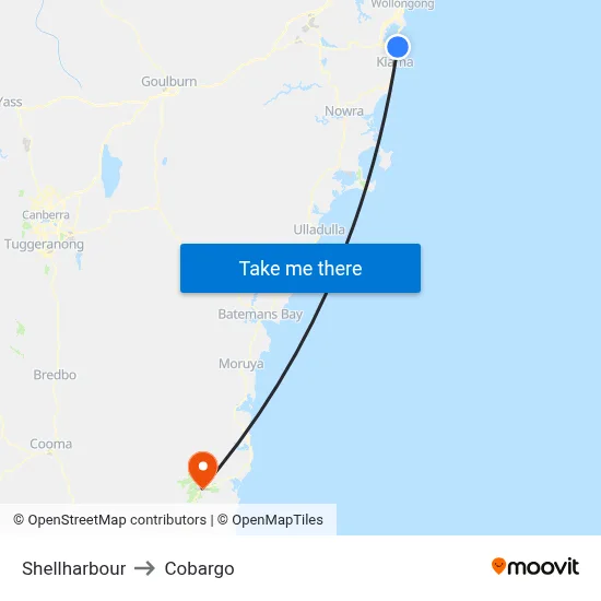 Shellharbour to Cobargo map