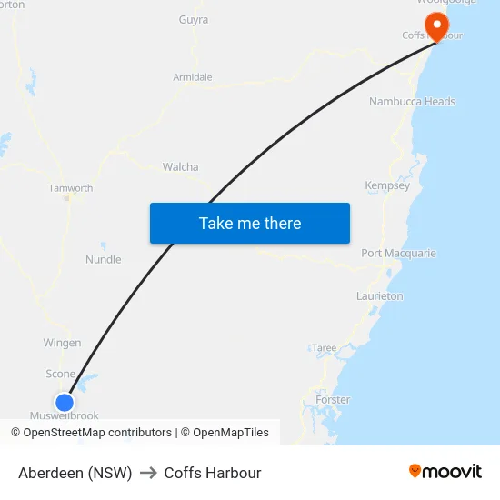 Aberdeen (NSW) to Coffs Harbour map