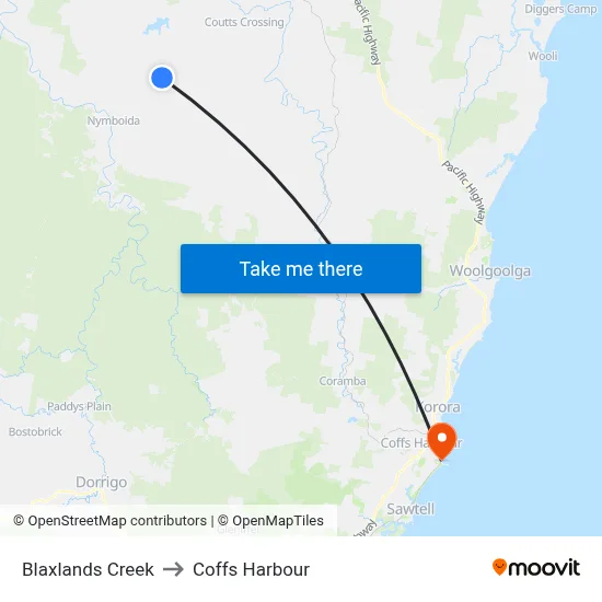Blaxlands Creek to Coffs Harbour map
