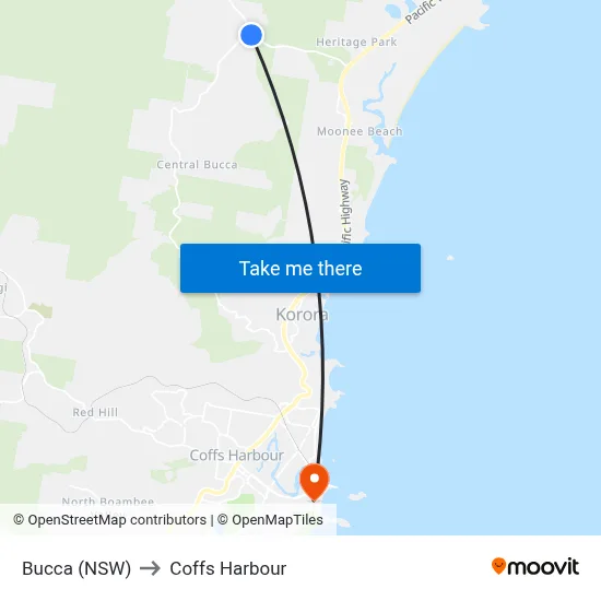 Bucca (NSW) to Coffs Harbour map