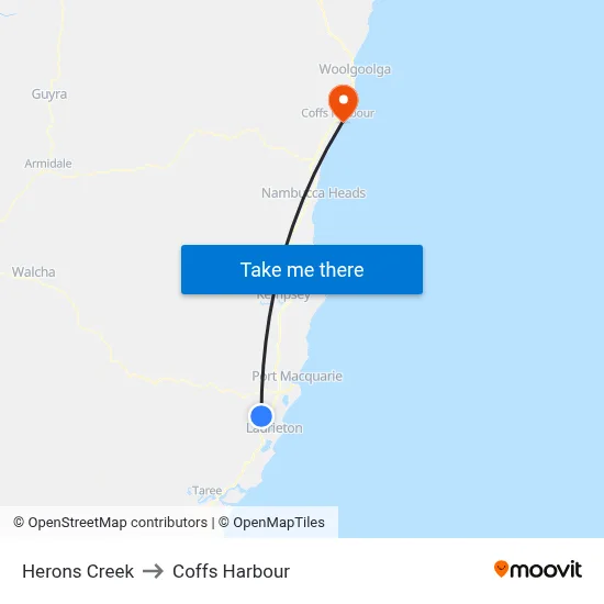 Herons Creek to Coffs Harbour map