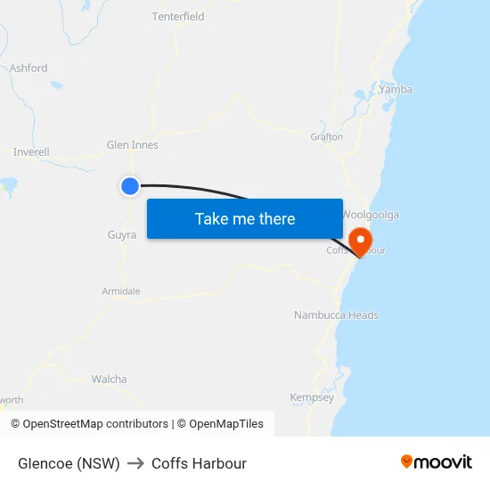 Glencoe (NSW) to Coffs Harbour map