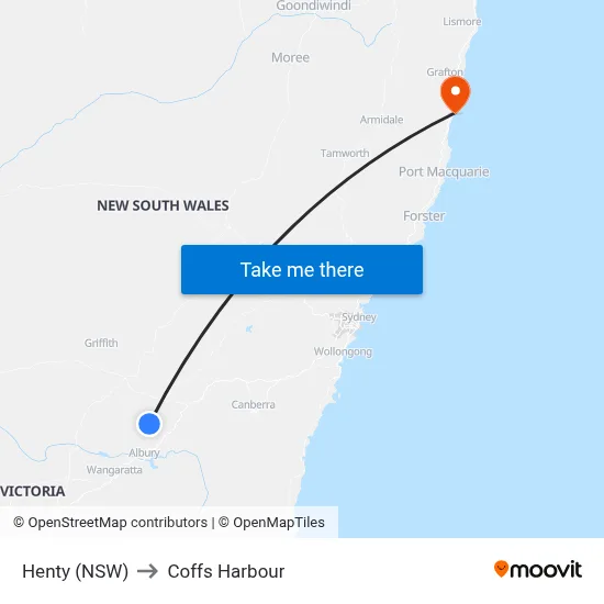 Henty (NSW) to Coffs Harbour map