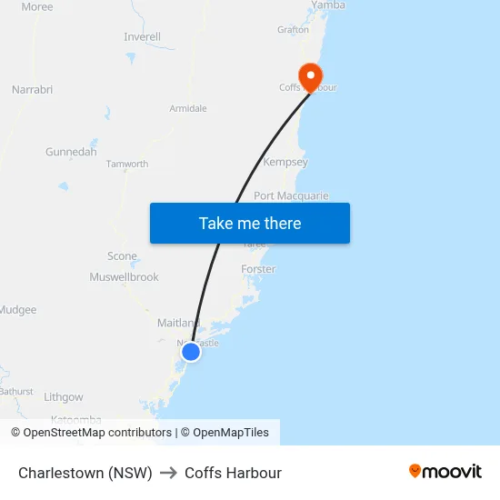 Charlestown (NSW) to Coffs Harbour map