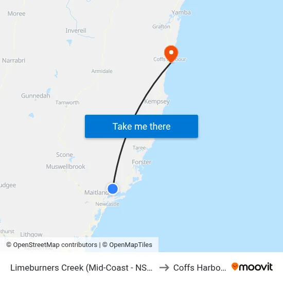 Limeburners Creek (Mid-Coast - NSW) to Coffs Harbour map