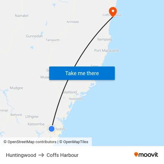 Huntingwood to Coffs Harbour map