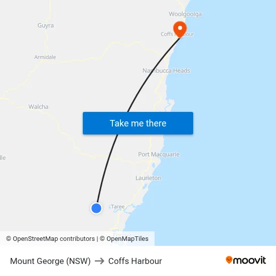 Mount George (NSW) to Coffs Harbour map