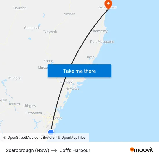 Scarborough (NSW) to Coffs Harbour map