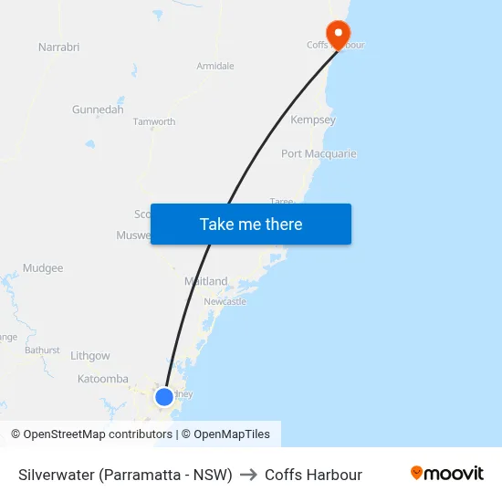 Silverwater (Parramatta - NSW) to Coffs Harbour map