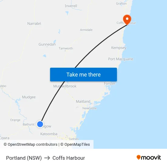 Portland (NSW) to Coffs Harbour map