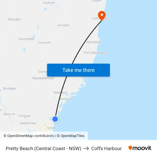 Pretty Beach (Central Coast - NSW) to Coffs Harbour map