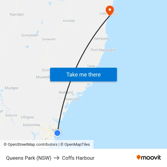 Queens Park (NSW) to Coffs Harbour map