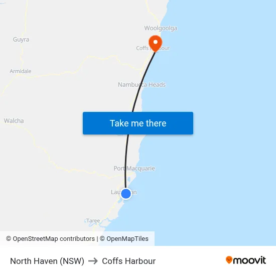 North Haven (NSW) to Coffs Harbour map
