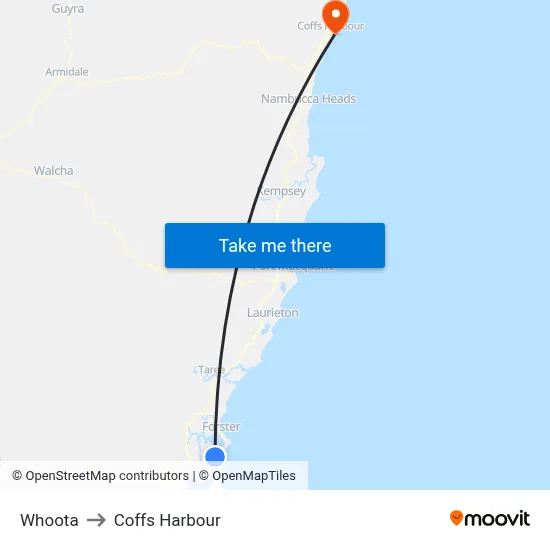 Whoota to Coffs Harbour map