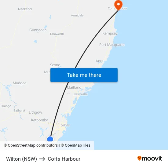 Wilton (NSW) to Coffs Harbour map