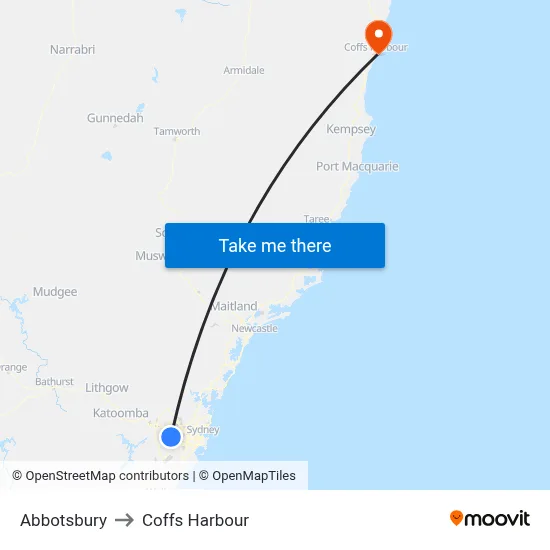 Abbotsbury to Coffs Harbour map