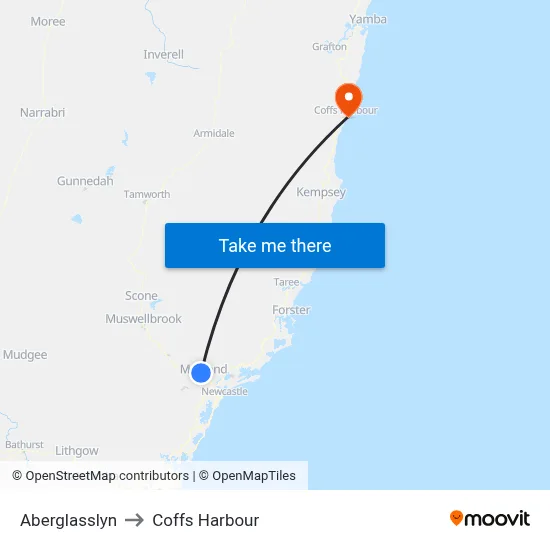 Aberglasslyn to Coffs Harbour map