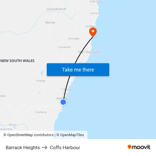 Barrack Heights to Coffs Harbour map