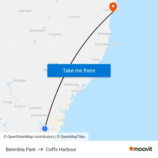 Belimbla Park to Coffs Harbour map