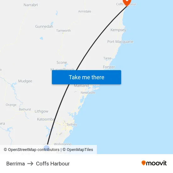 Berrima to Coffs Harbour map