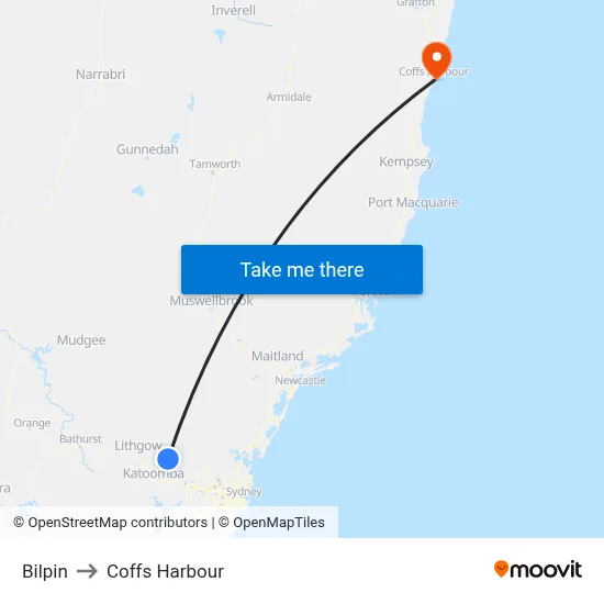 Bilpin to Coffs Harbour map